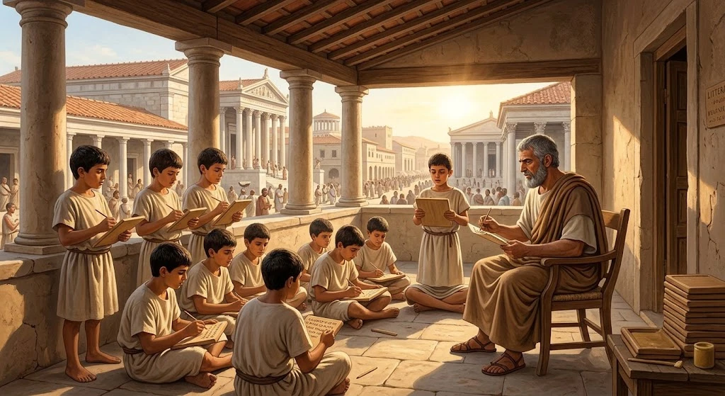 Imaginea 4: O școală primară romană (Ludus Litterarius) improvizată pe o terasă acoperită. Un Litterator sever îi învață pe copii să scrie pe tăblițe de lemn