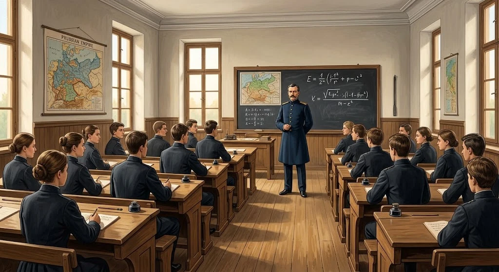 Imaginea 6: Interiorul unei săli de clasă prusace din secolul al XIX-lea. Elevii în uniforme sunt așezați în rânduri ordonate, ascultând profesorul rigid de la tablă.