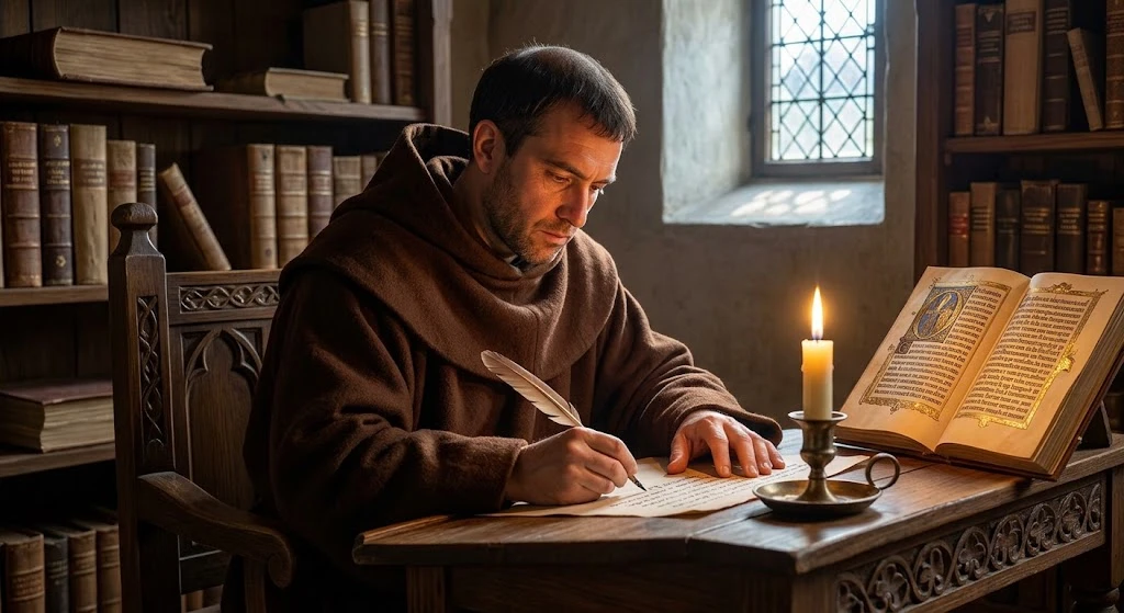 Imaginea 5: Un călugăr medieval, ghemuit la un birou într-un Scriptorium, copiază cu grijă un text pe pergament la lumina unei lumânări.